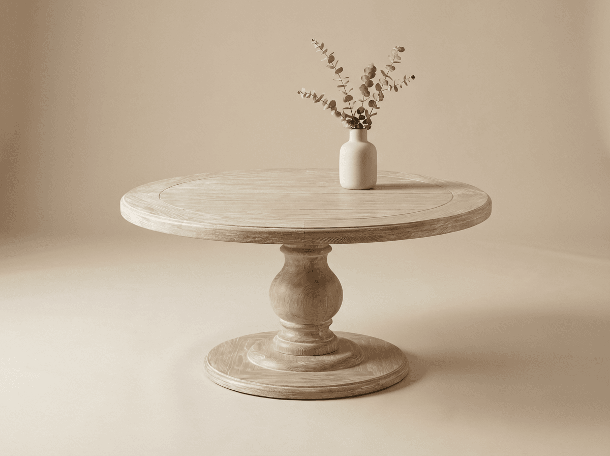 Round pedestal coffee table in light wood