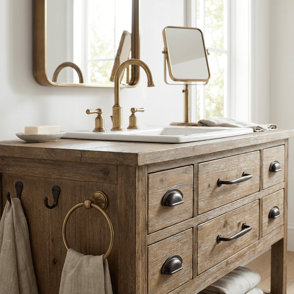 Add wrought-iron and brass hardware throughout