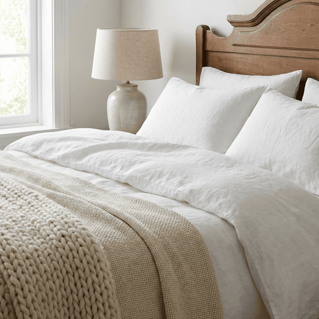 Use white linen bedding with natural textures