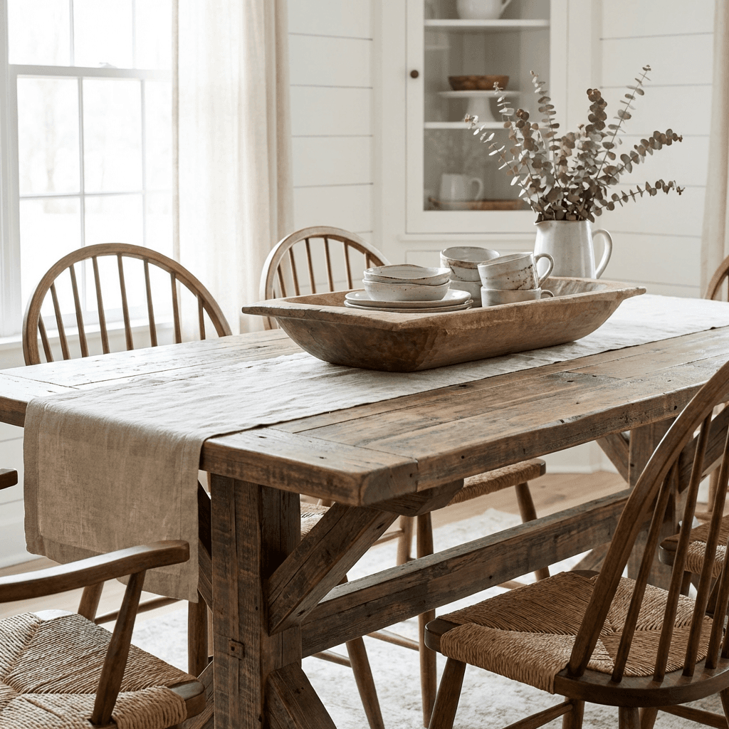 Choose a trestle or turned-leg table as the centerpiece