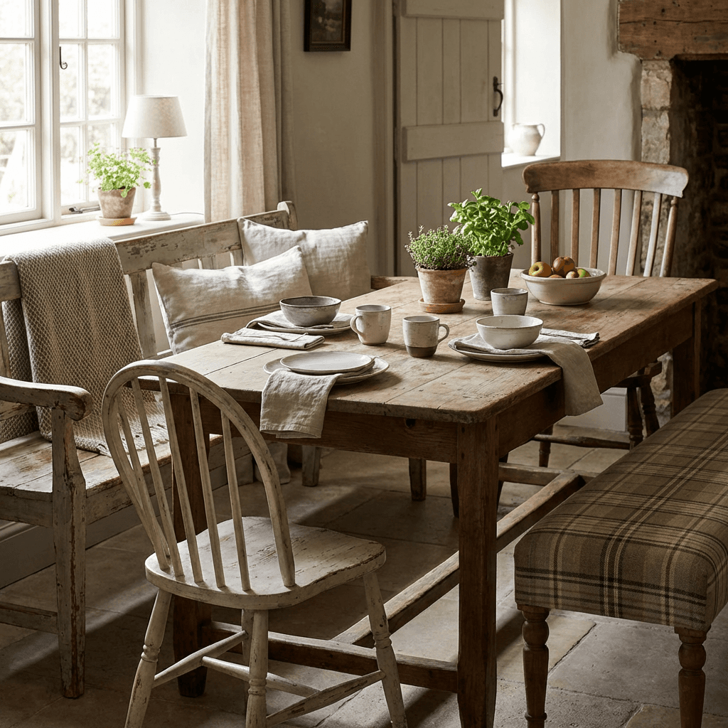 Mix chairs and benches for an unformal, collected look