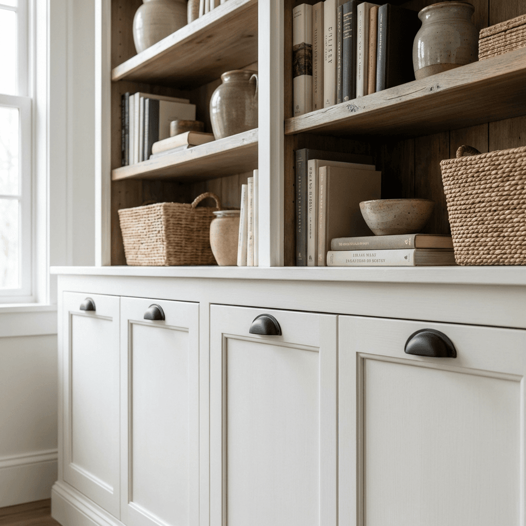Install a built-in or freestanding bookcase with shaker-style details