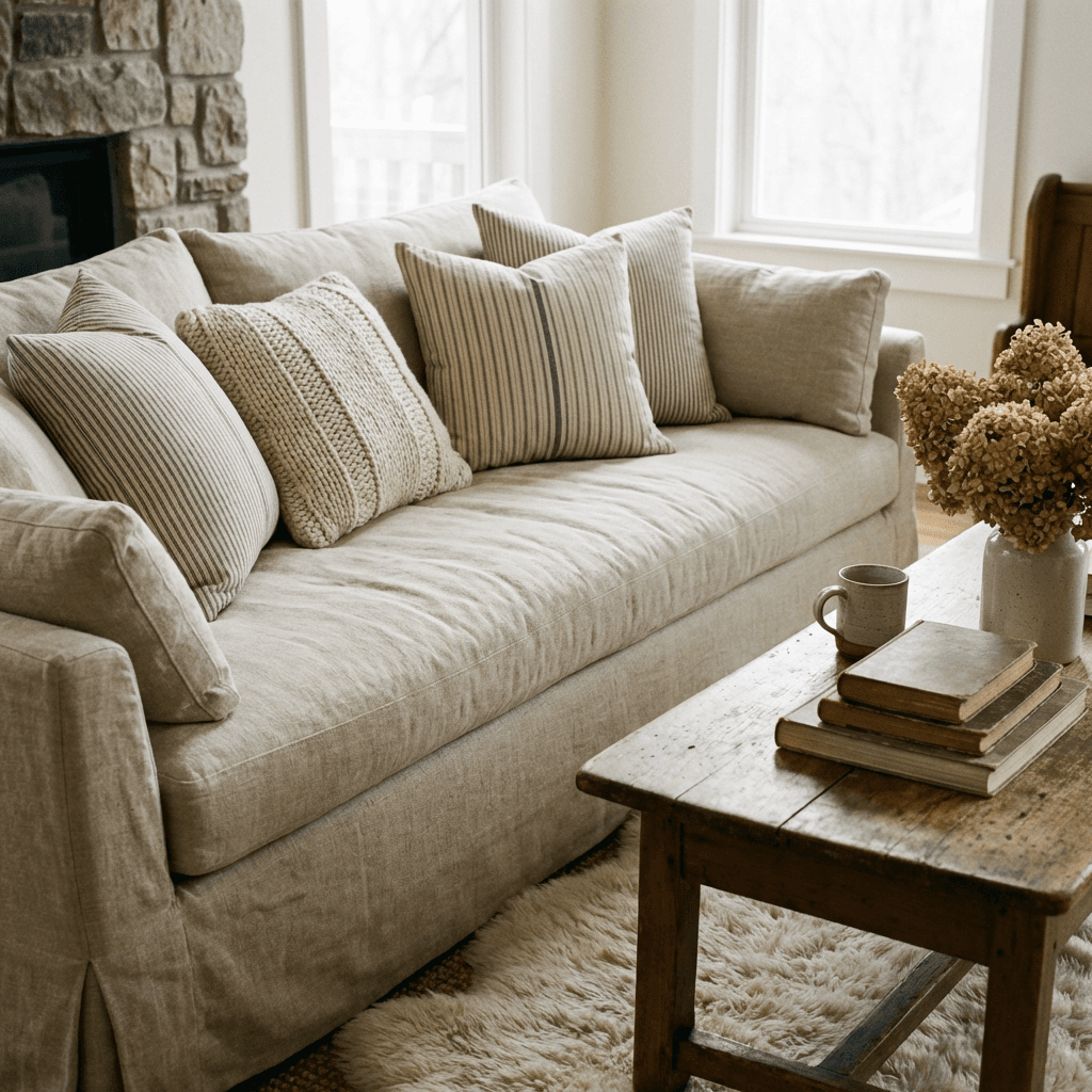 Choose a deep, slipcovered sofa as the anchor