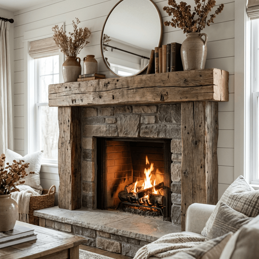 Frame the fireplace with a reclaimed wood mantel