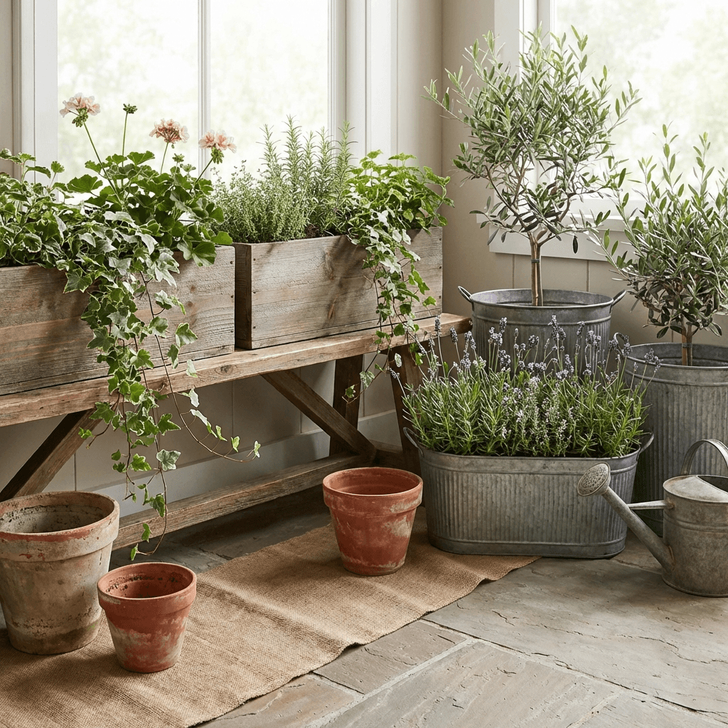 Plant in galvanized containers and wooden window boxes