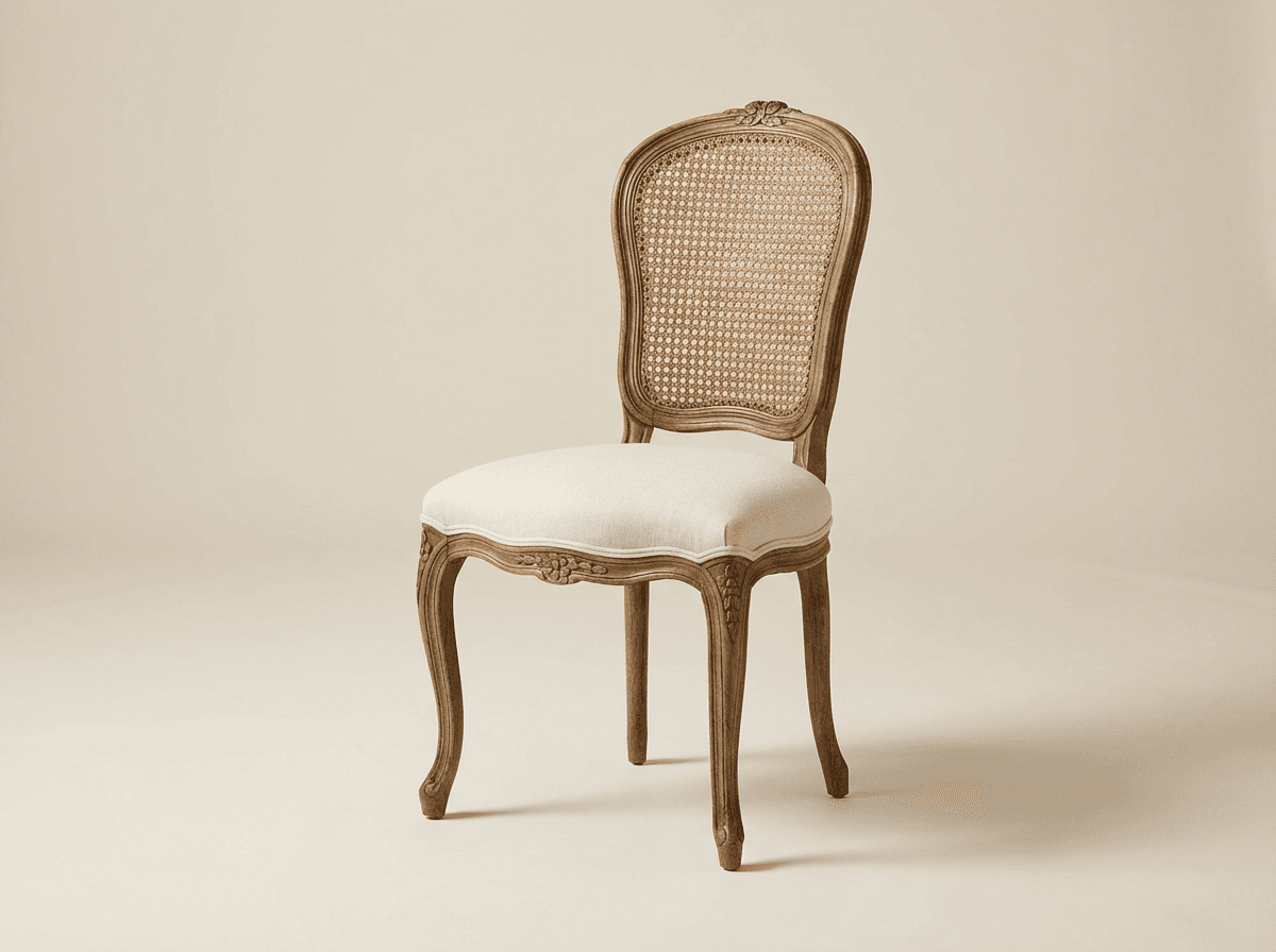 Cane-back desk chair with linen seat