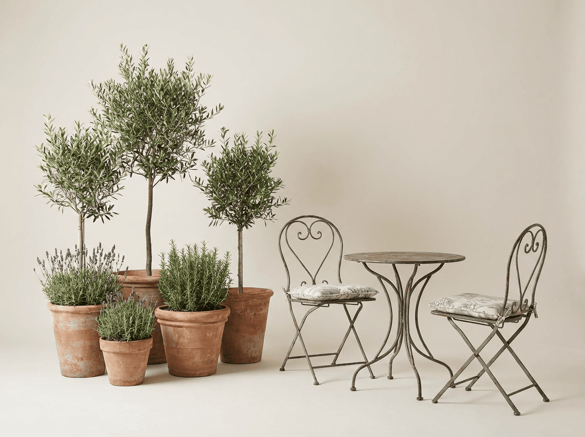 Terracotta planters with Mediterranean plants