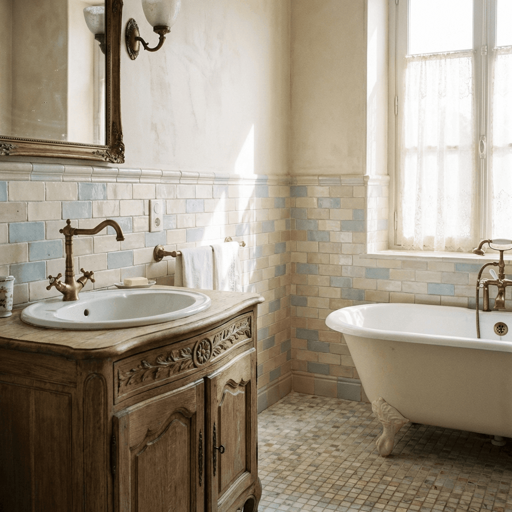 Use marble mosaics and subway tile in soft tones