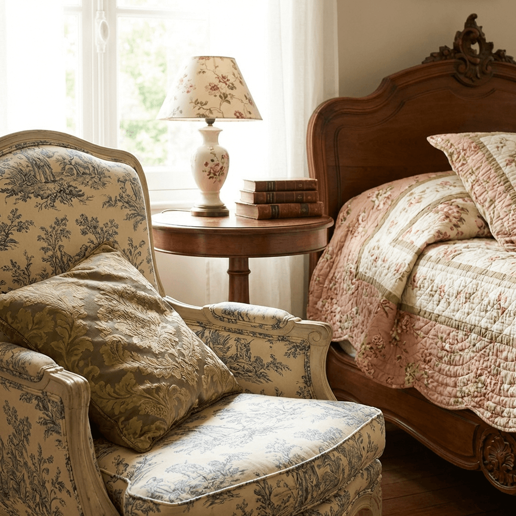 Use toile, damask, or floral fabrics as pattern accents