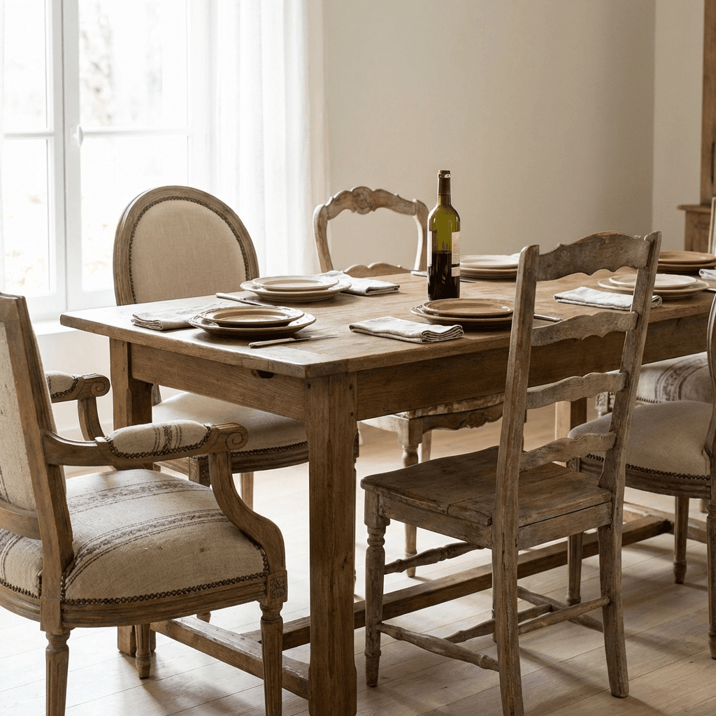 Mix chair styles around the table for Gallic informality