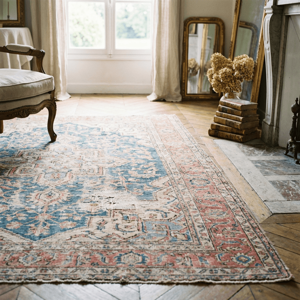 Lay a faded antique-style rug as the room's foundation
