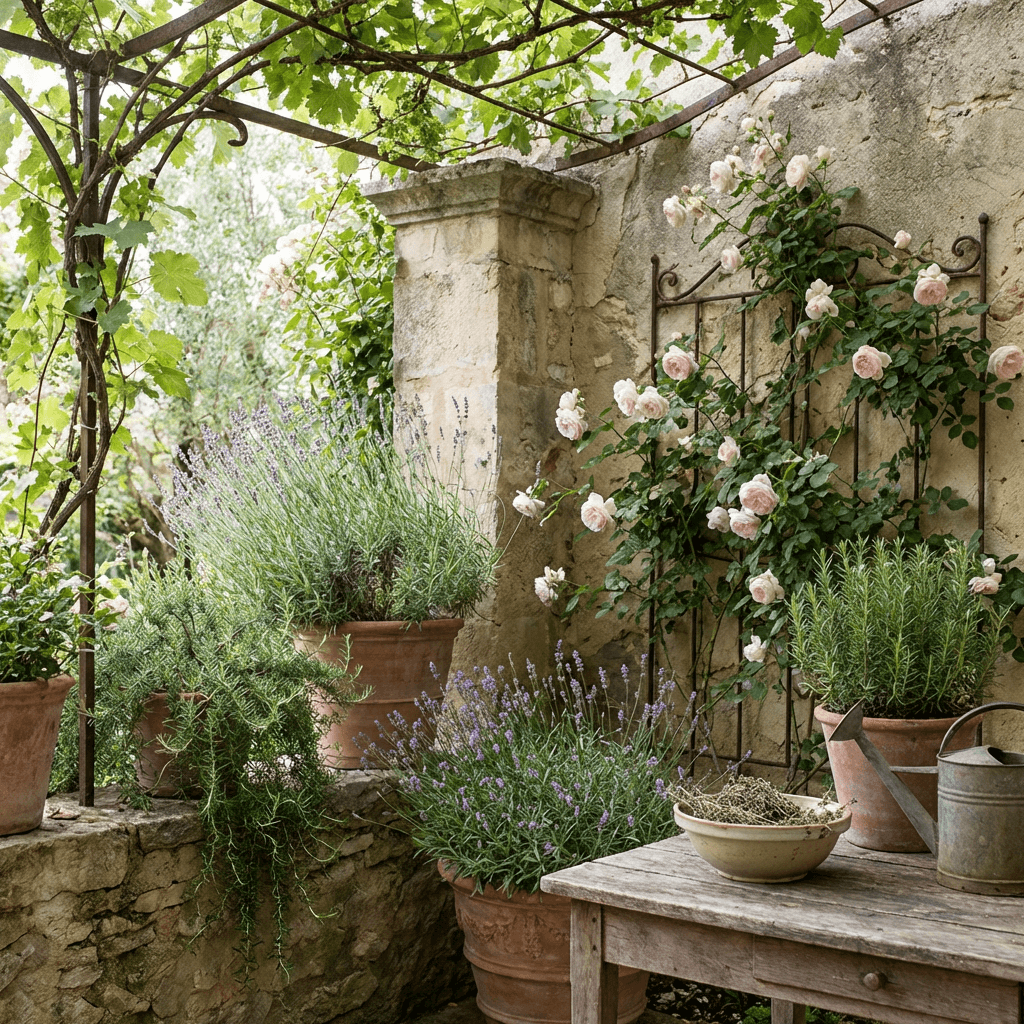 Plant lavender, rosemary, and climbing roses for sensory richness