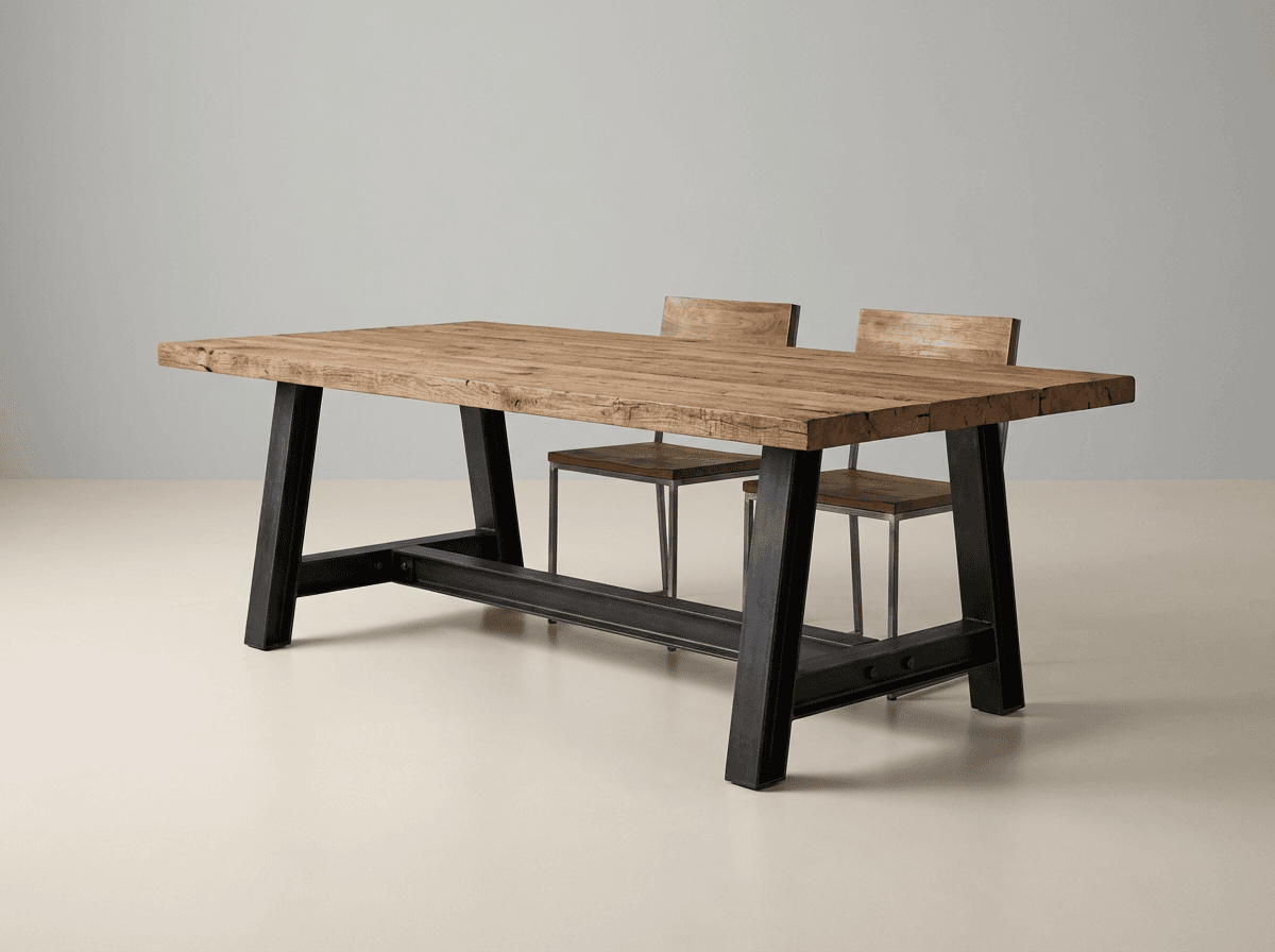 Reclaimed timber and steel dining table