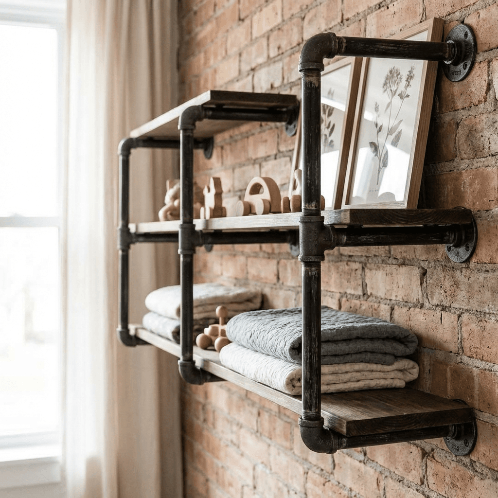 Use metal pipe shelving for functional display