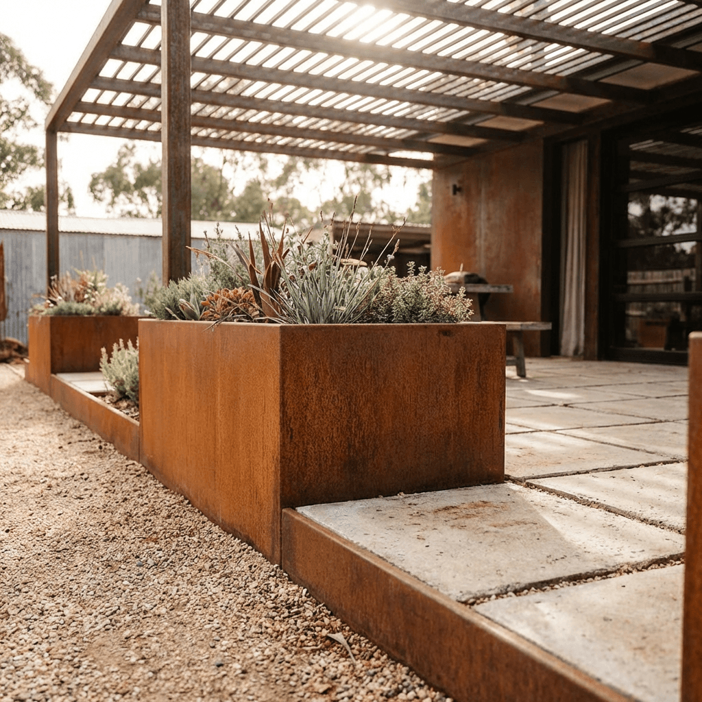 Use corten steel planters and edging for an authentic industrial look