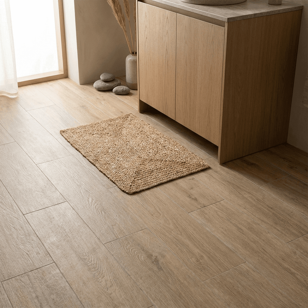 Use natural stone or wood-look tiles on the floor