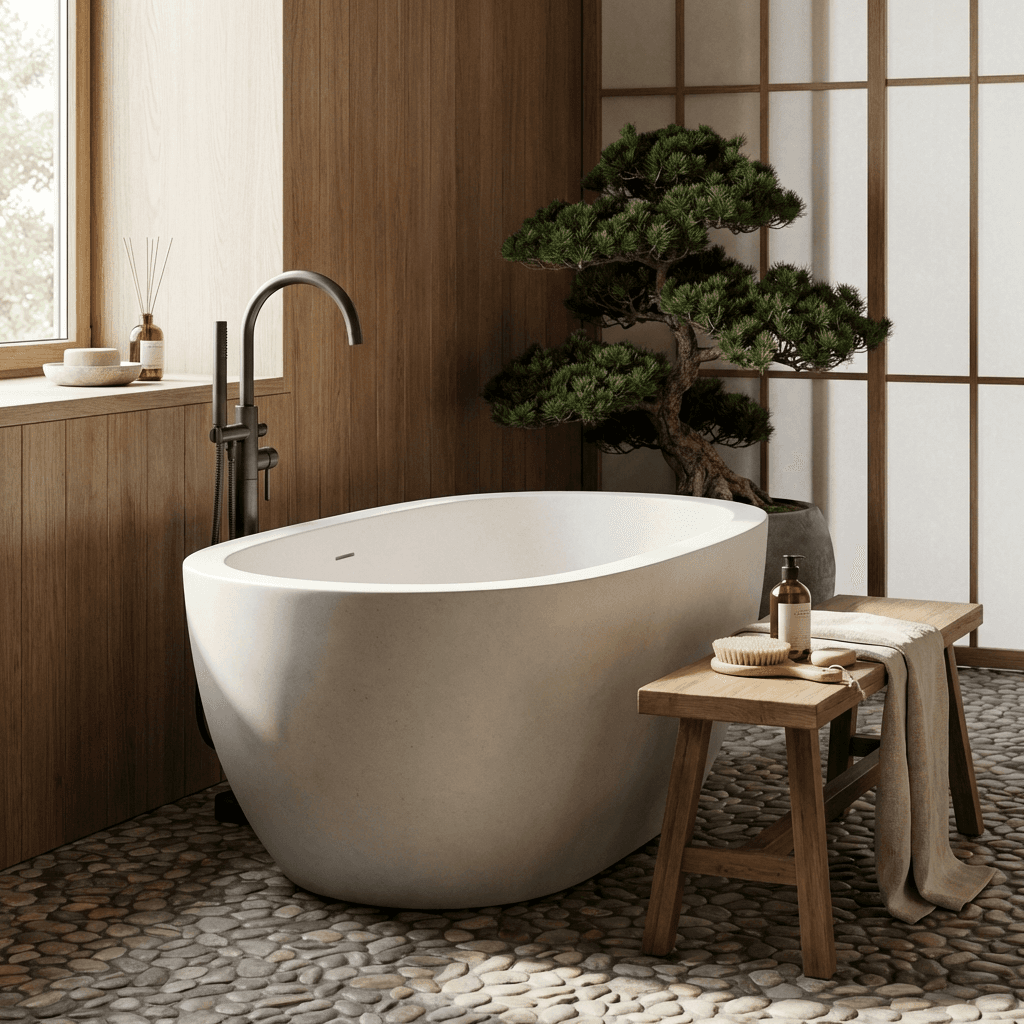 Install a freestanding soaking tub as the centerpiece