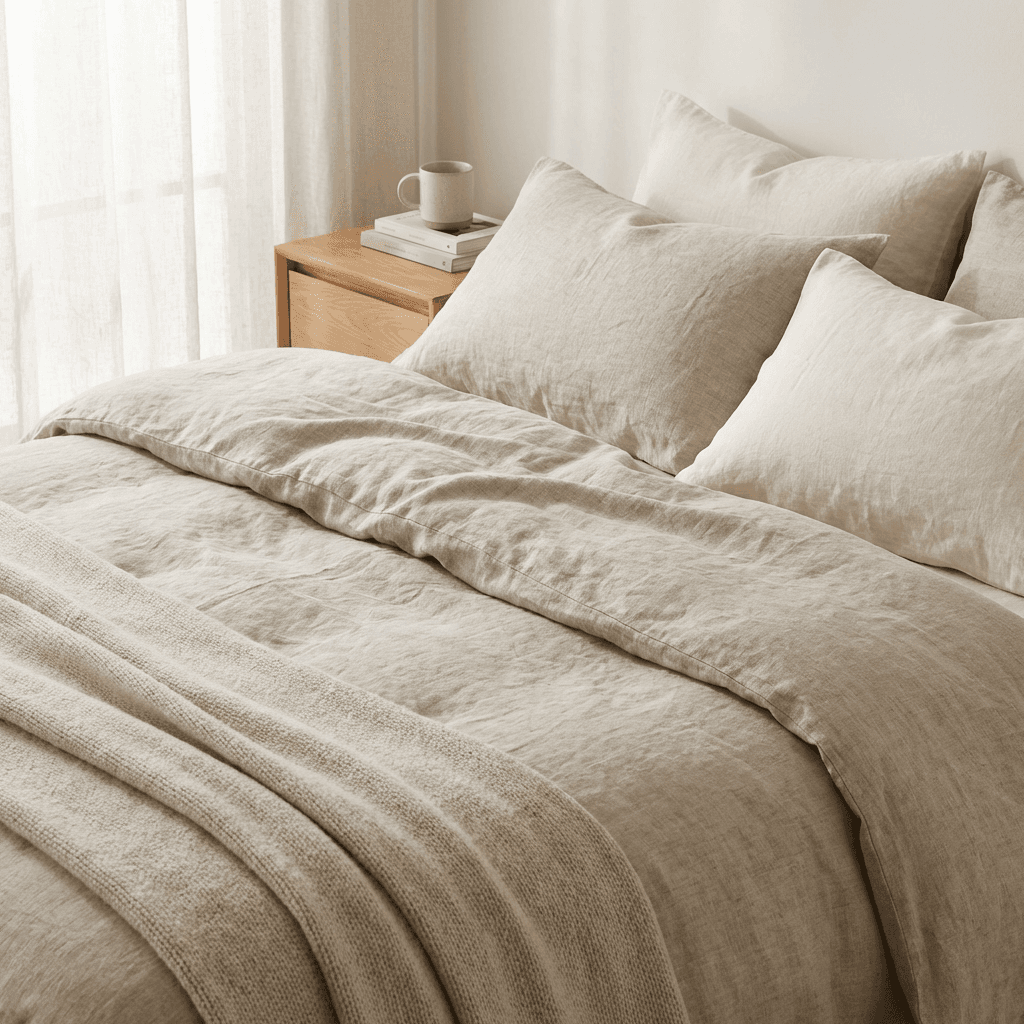 Use linen bedding in undyed tones