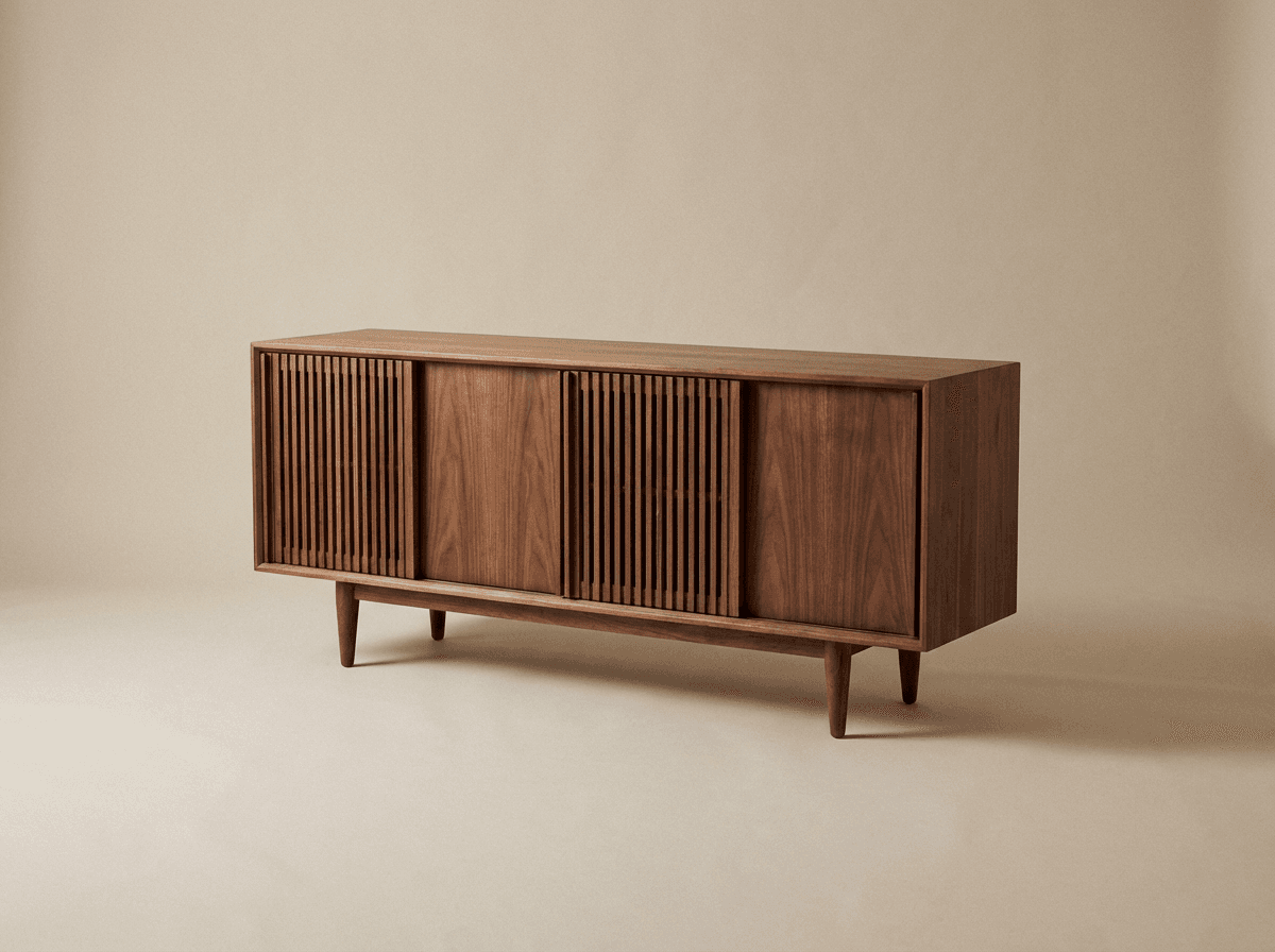 Low walnut sideboard with sliding doors