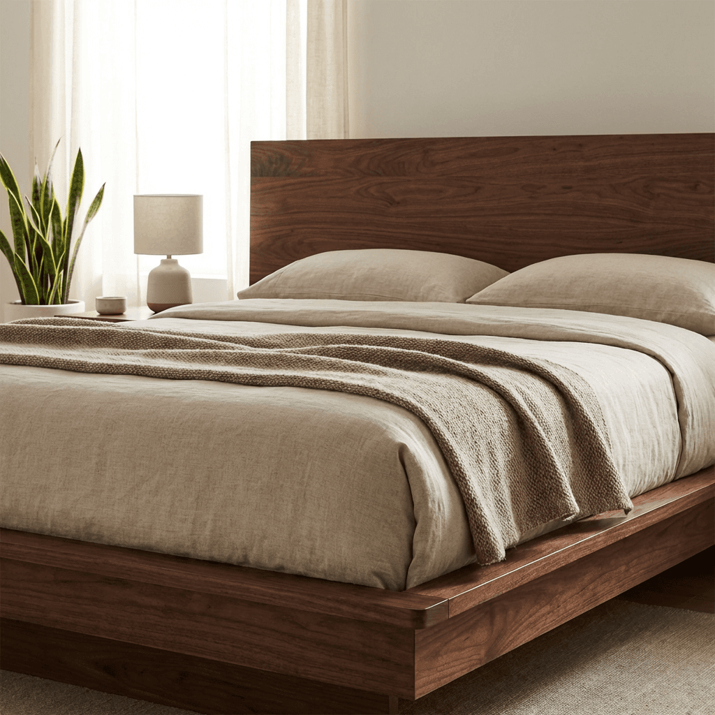 Select a platform bed with a low walnut headboard