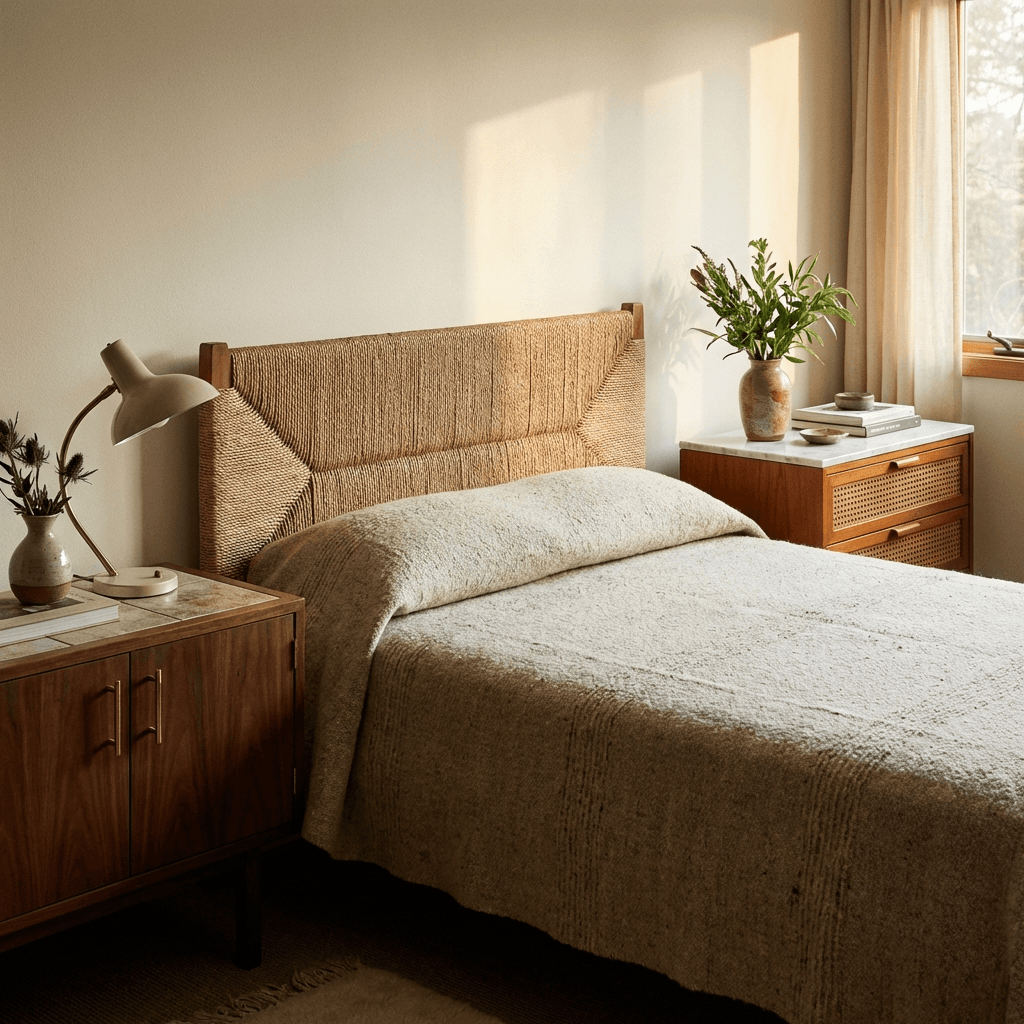 Flank the bed with mismatched but complementary nightstands