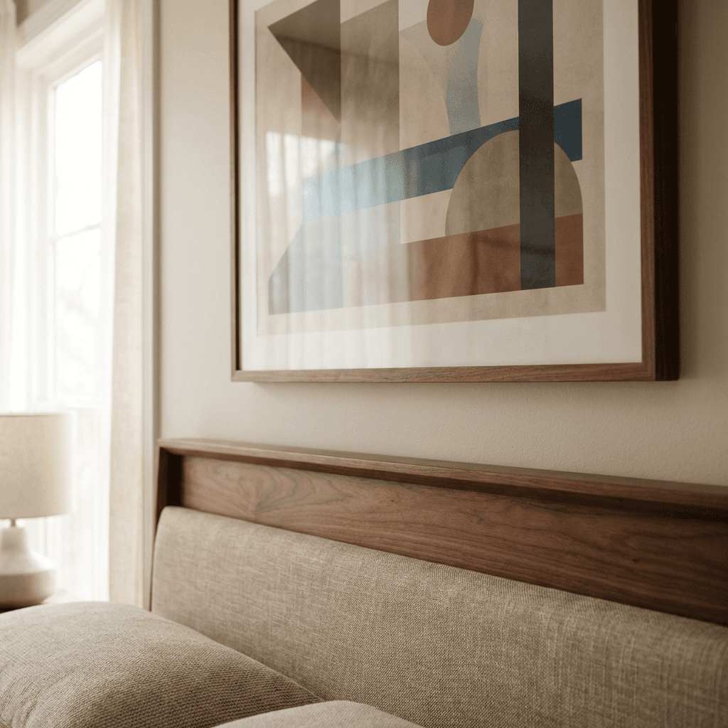 Hang a large-scale abstract print above the headboard