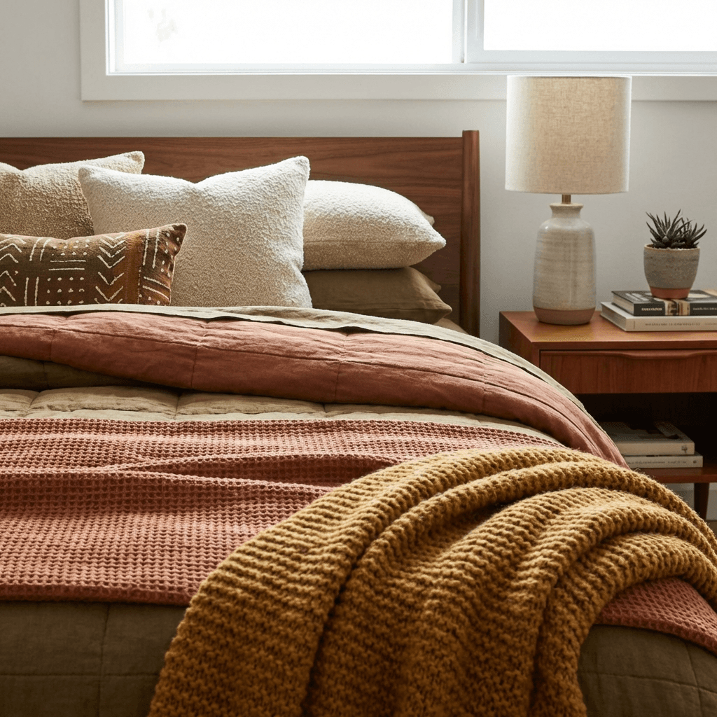 Layer textiles in warm earthy tones with textural variety