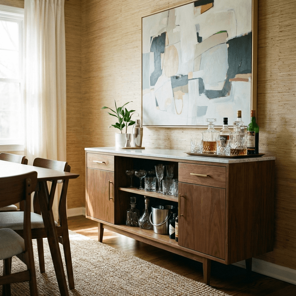 Add a bar cart or drinks credenza along the wall