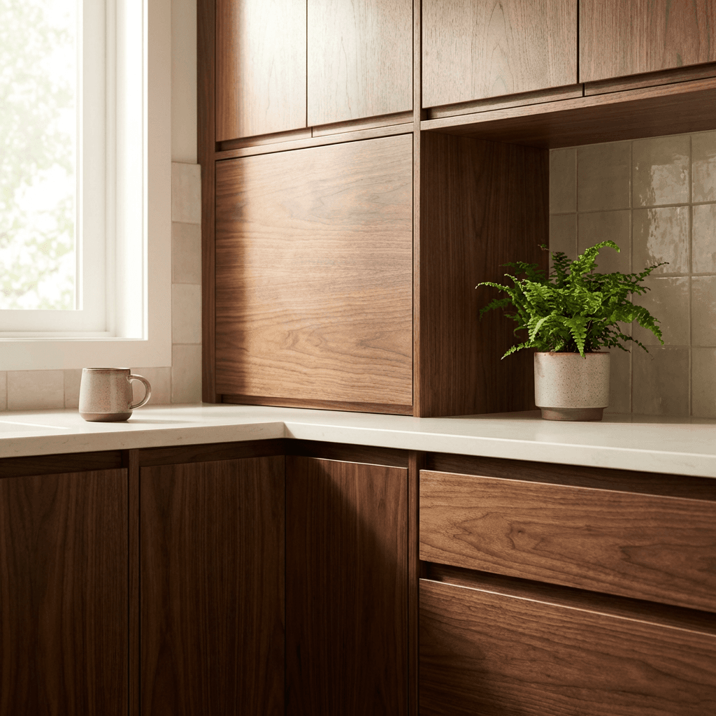 Install flat-panel walnut or teak cabinetry