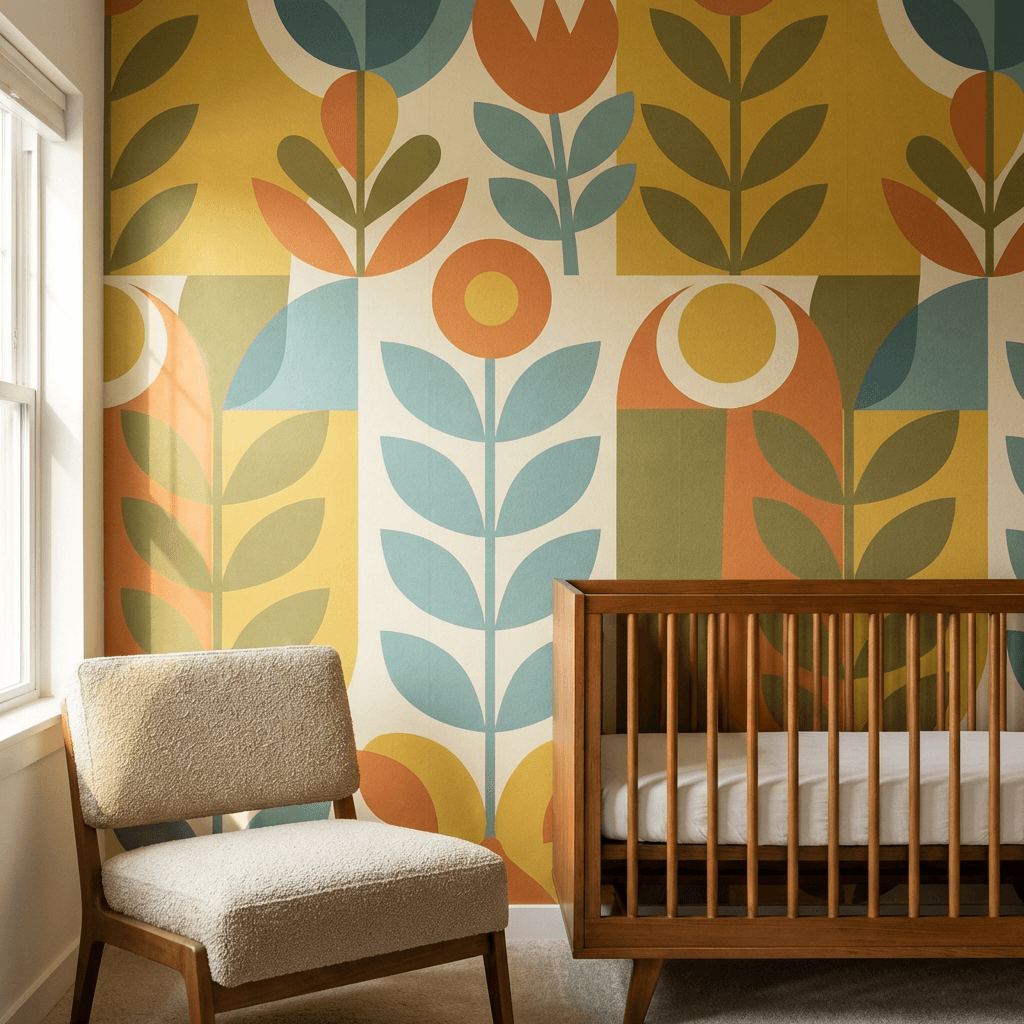 Create a feature wall with retro-inspired wallpaper or a mural