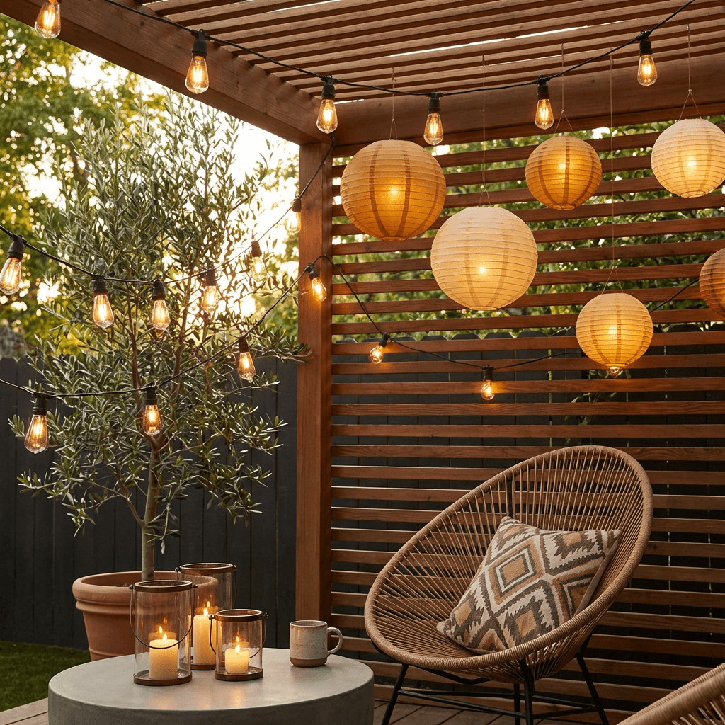 Install string lights or lanterns for warm evening ambiance