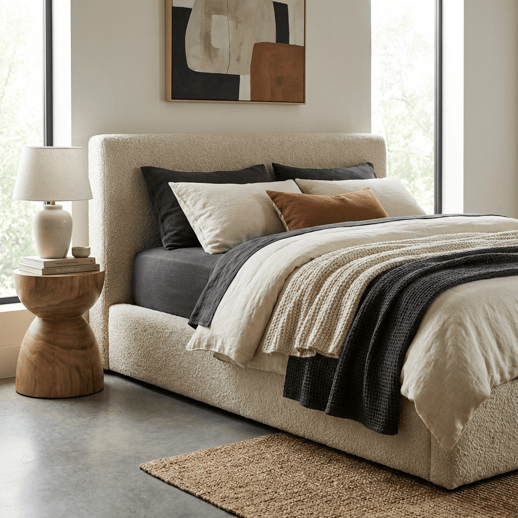 Use an upholstered platform bed as the focal point