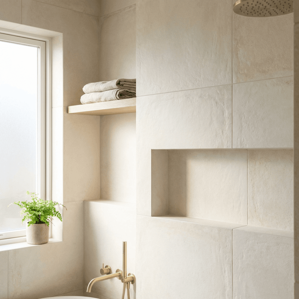 Use large-format white tiles with warm undertones