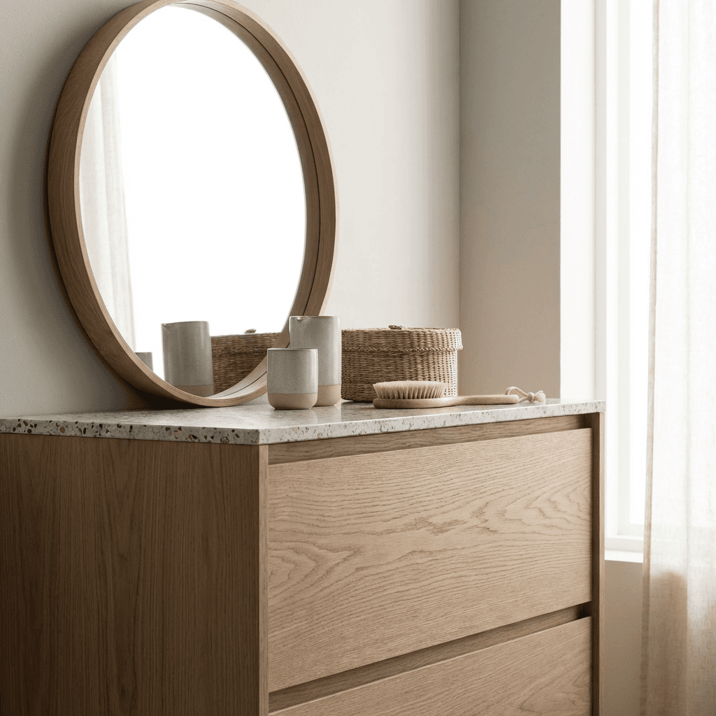 Introduce wood through a vanity or accessories