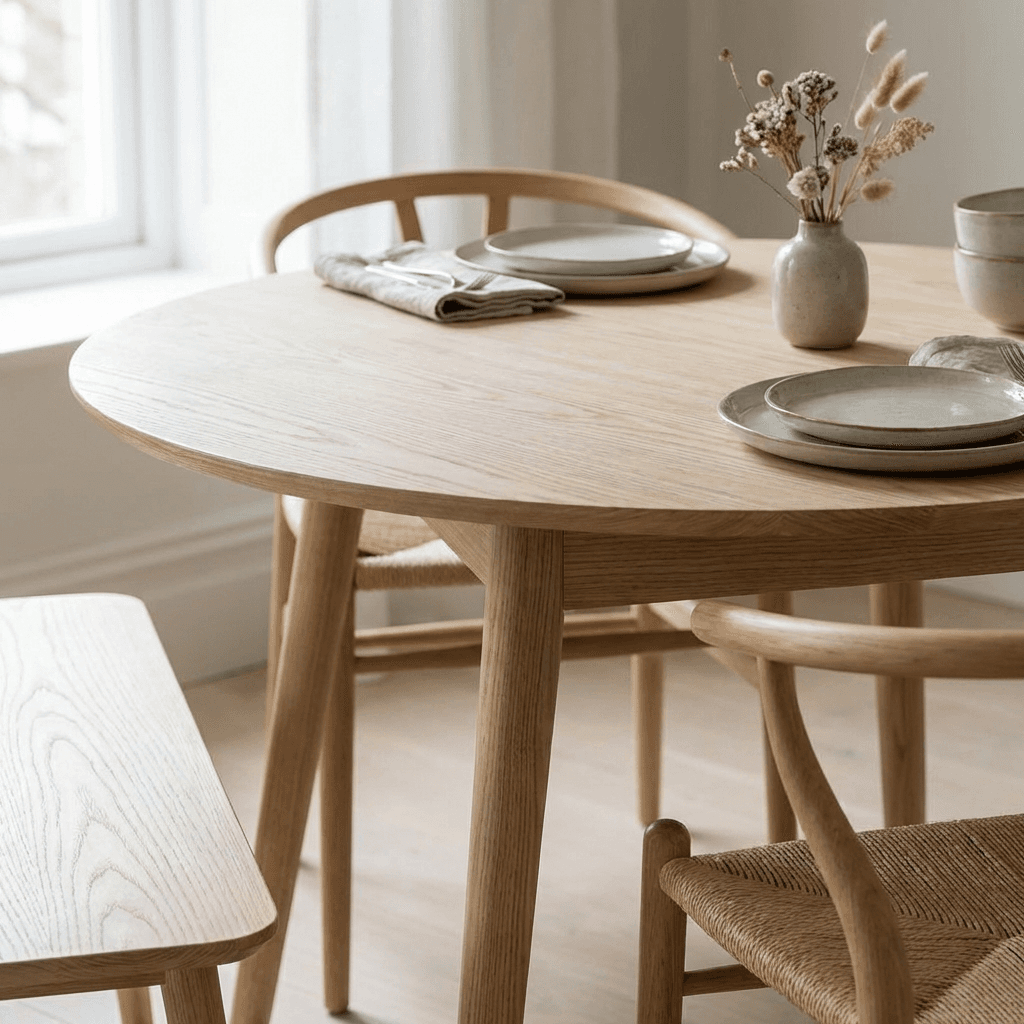 Choose a light wood table as the room's anchor