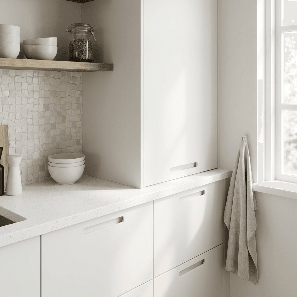 Use white or light gray flat-panel cabinets