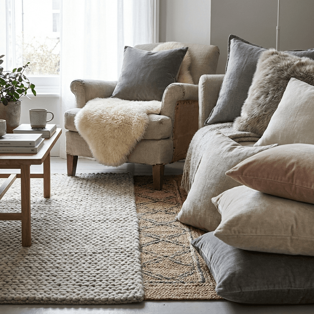 Layer rugs, throws, and cushions for hygge