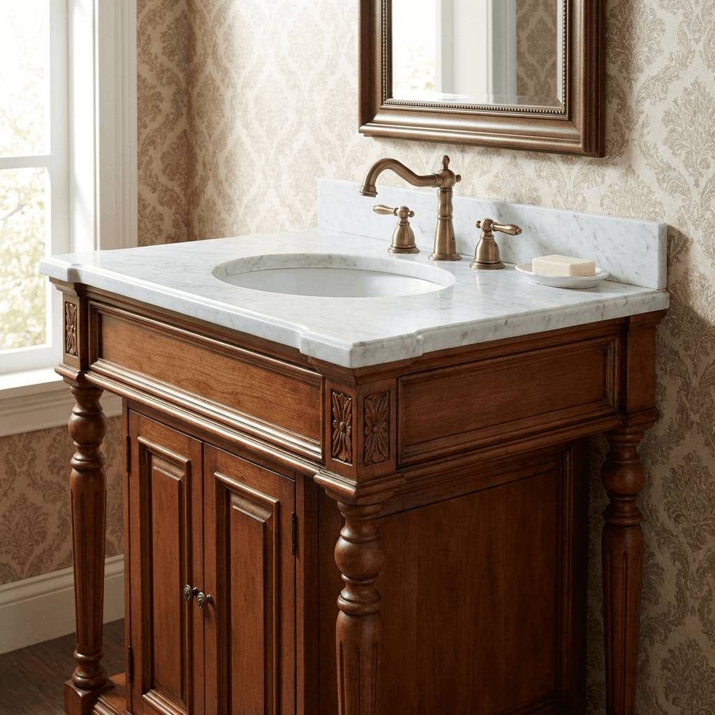Install a furniture-style vanity with turned legs