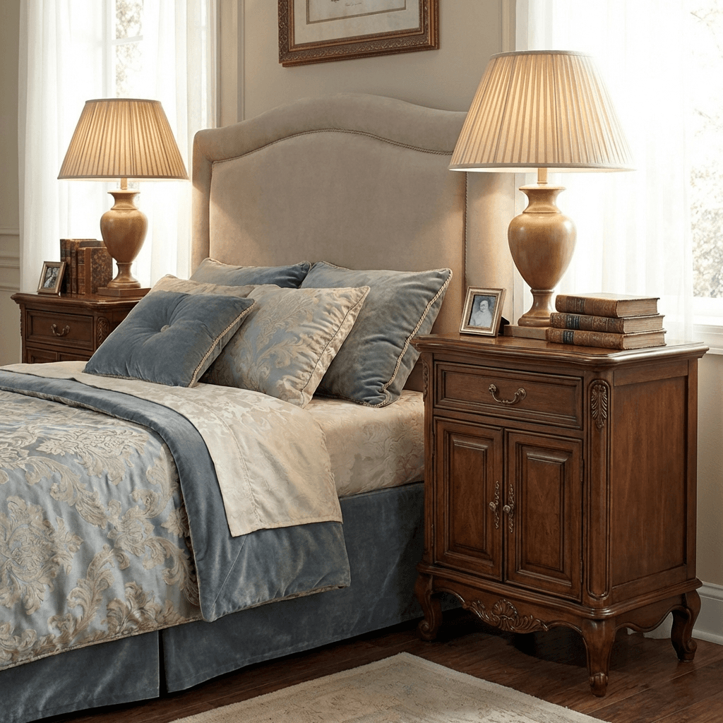 Install matching nightstands with table lamps for symmetry
