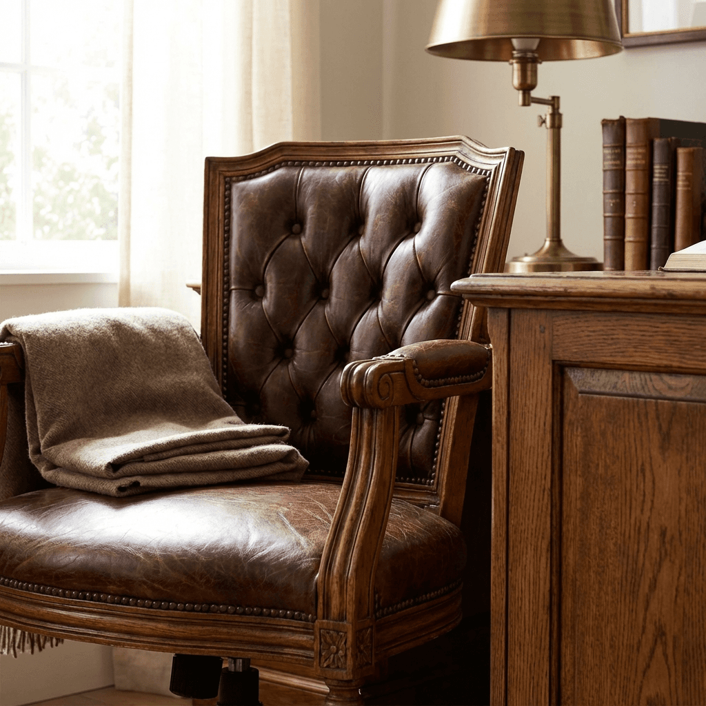 Use a tufted leather desk chair for both comfort and authority
