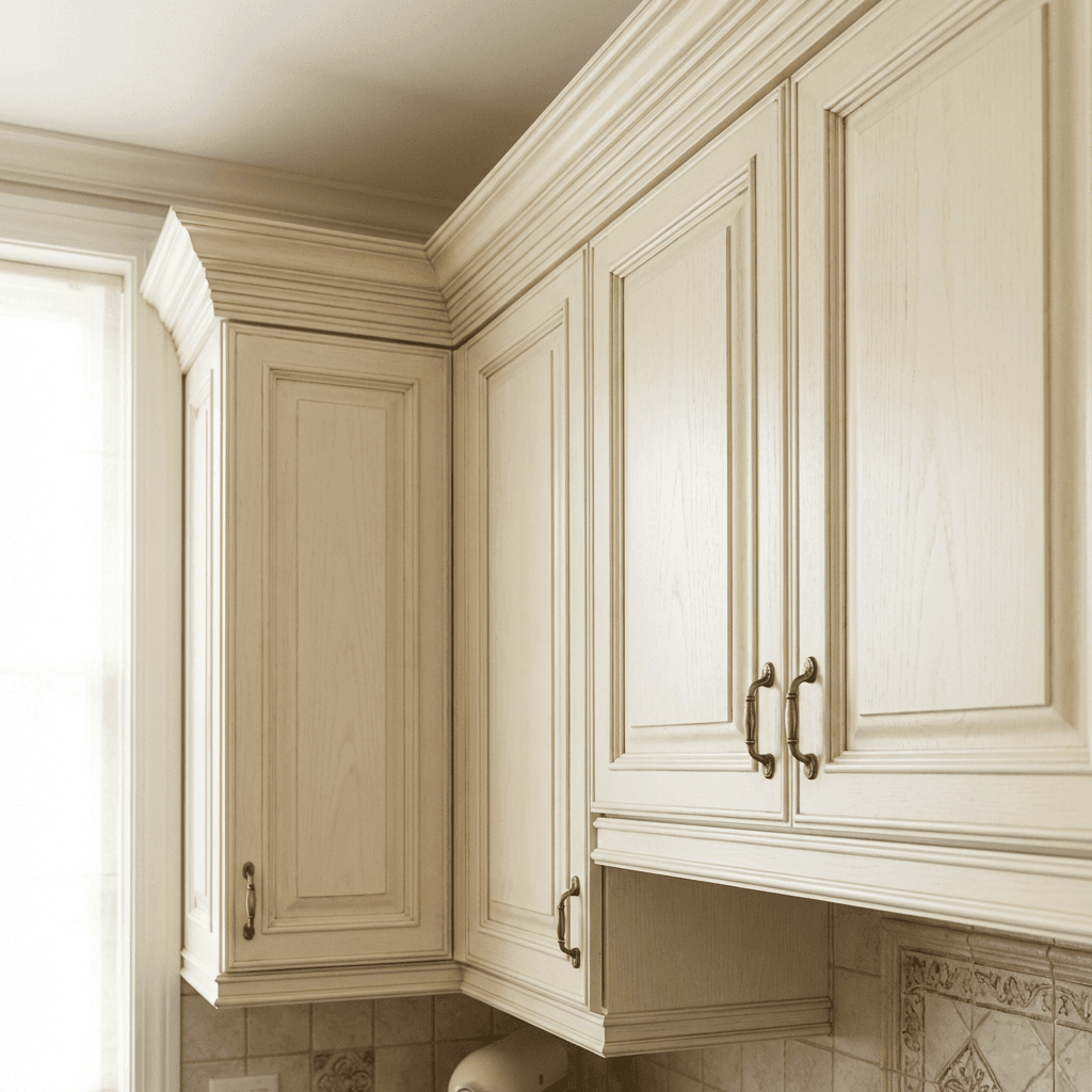 Install raised-panel cabinetry with crown molding detail