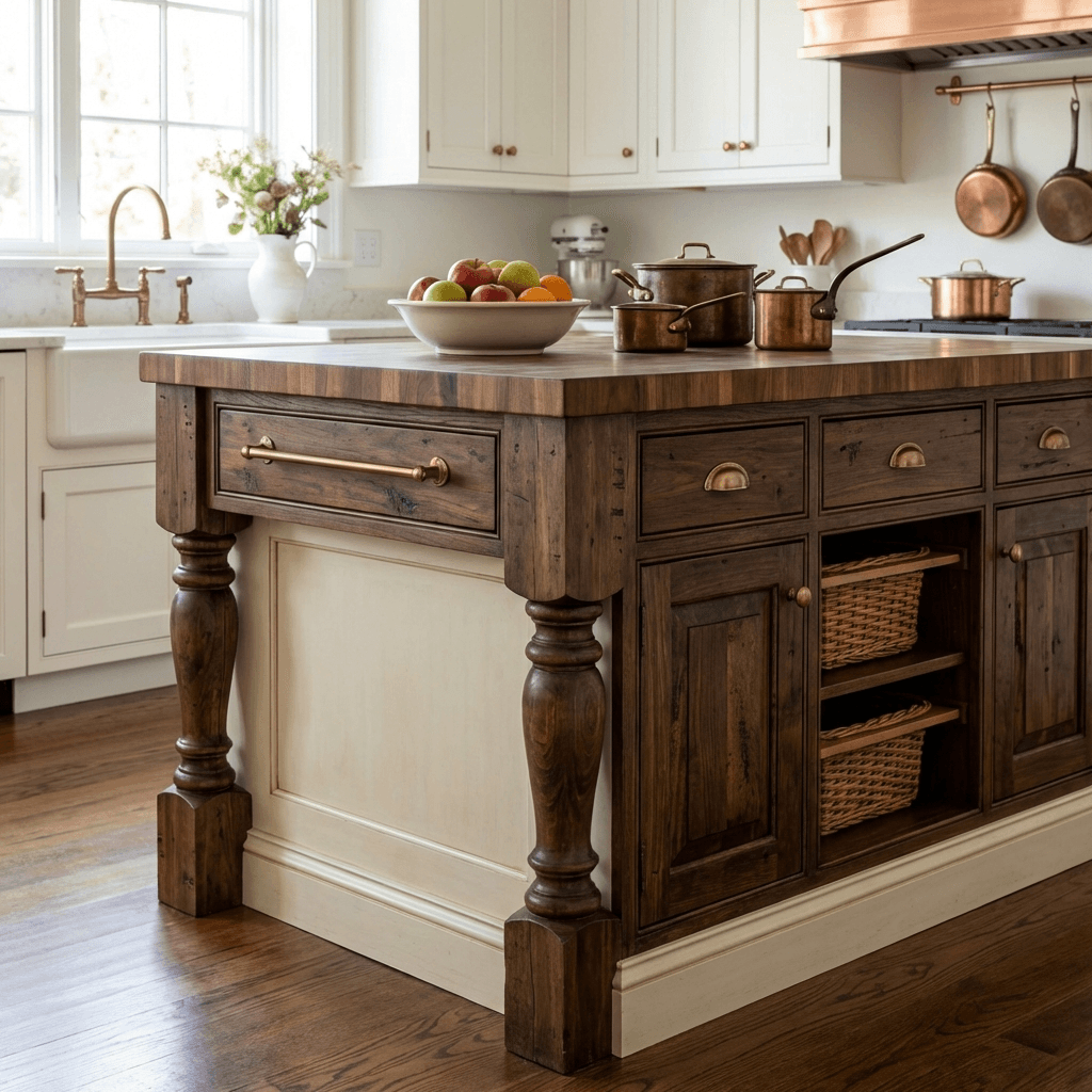 Create a furniture-like island with turned legs and a contrasting finish