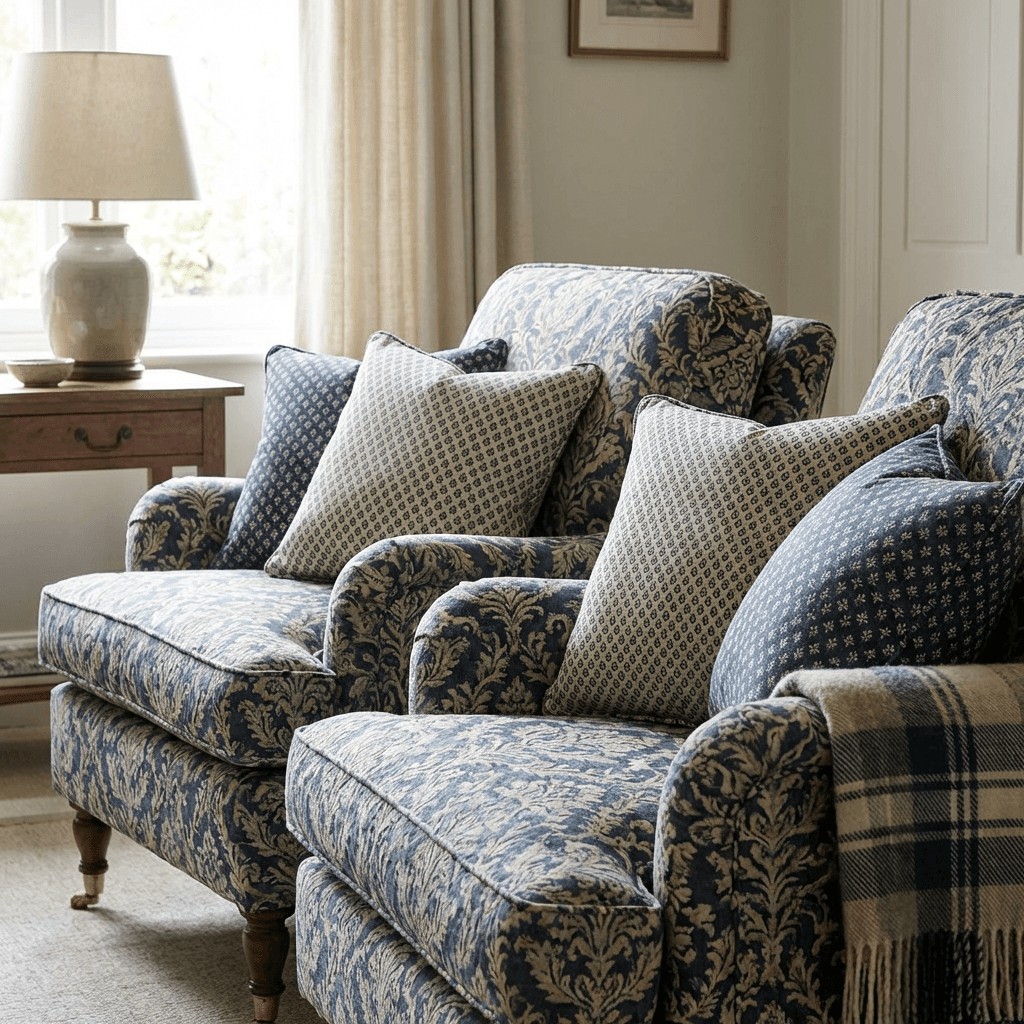 Introduce pattern through textiles in a controlled palette