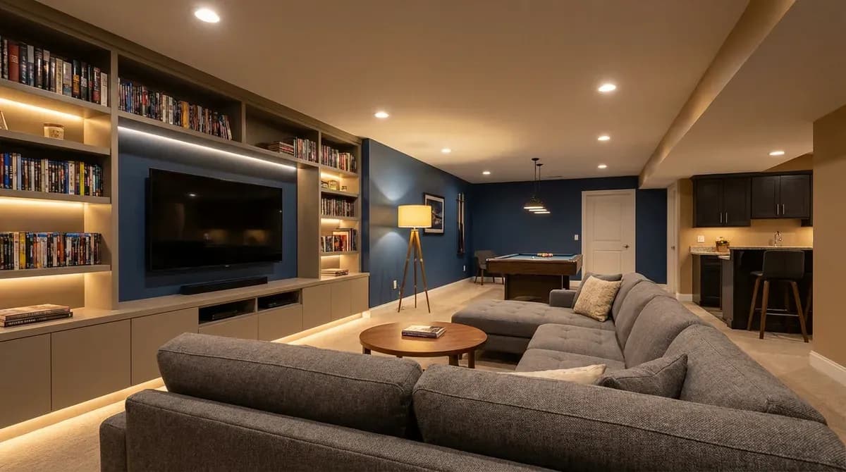 AI-designed finished basement with modern furniture and warm lighting