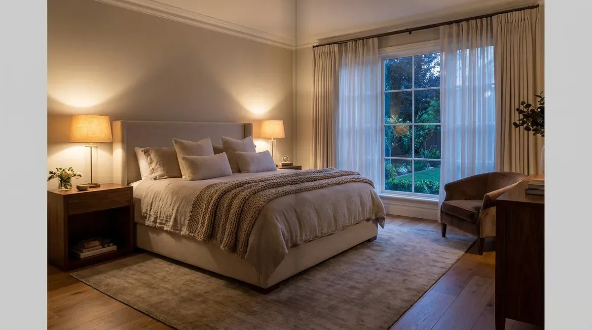 AI-designed serene bedroom with upholstered headboard, layered textiles, and ambient lighting