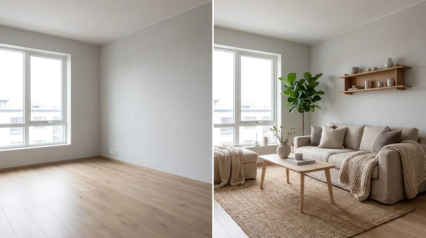 Room photo before and AI interior render after