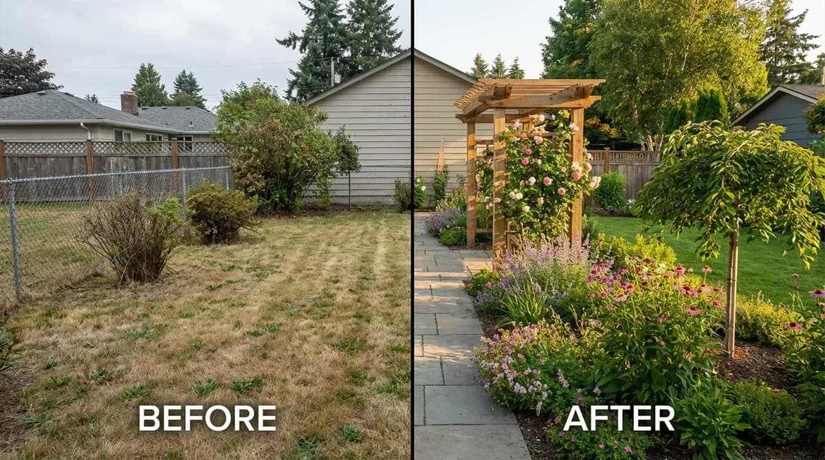 Before and after AI landscape design transformation
