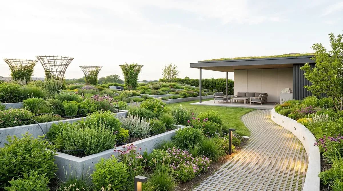 AI-designed modern landscape with lush garden beds, stone pathways, and outdoor lighting