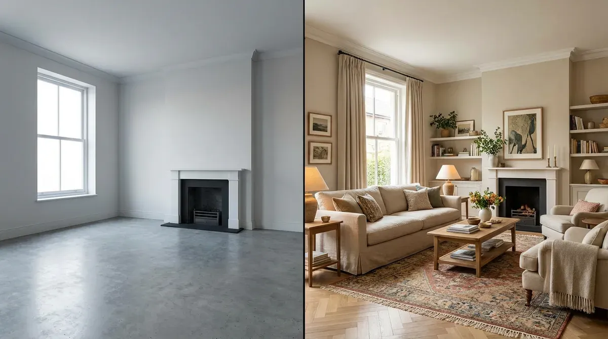 Before and after AI living room design transformation