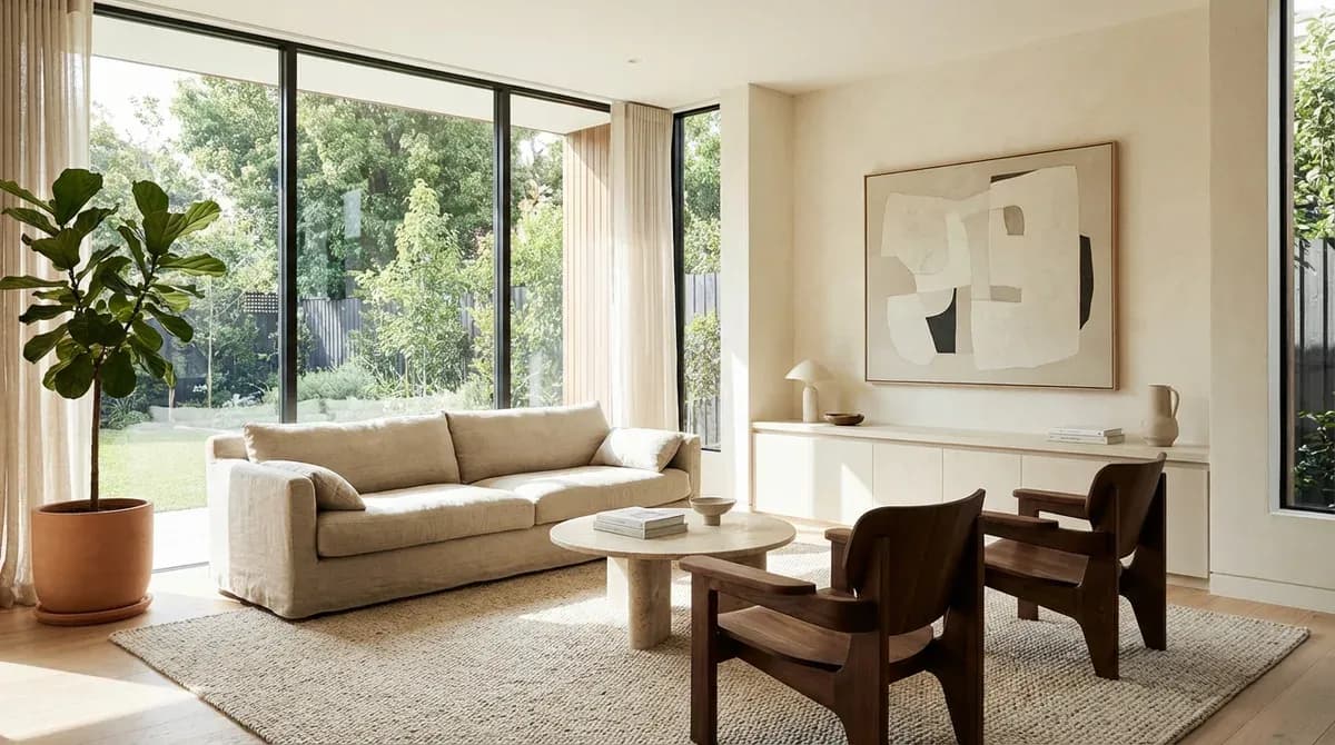AI-designed modern living room with sectional sofa, statement lighting, and curated decor